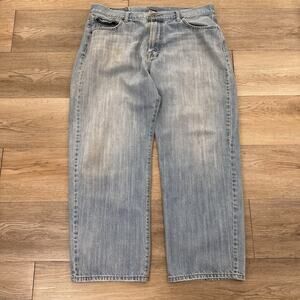 Lucky Brand Jeans Mens 38x29 Light Blue Wide Leg Loose Fit Distressed Denim